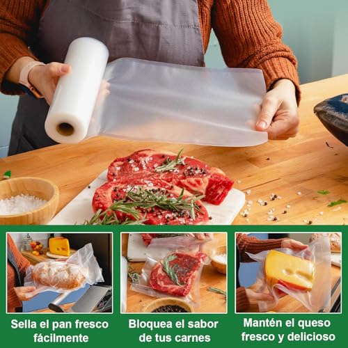 WONDOCK Bolsas para Sellado al Vacío Alimentos 28cm x 5m Corte Libre 3 Rollos Heavy Duty Bolsas Envasar al Vacio Compatible con Todas las Selladoras Sin BPA para Congelar y Cocinar Sous Vide