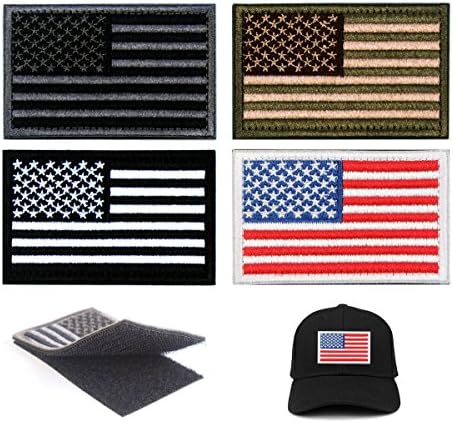Tactical Velcro Patches of USA US American Flag, with Hook and Loop for Backpacks Caps Hats Jackets Pants, Military Army Uniform Emblems, Size 3x2 inches Pack of 4