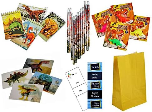 Dinosaur Birthday Party Favors Value Pack Bundle: Growing Dinosaur Toy, Lenticular Stickers, Pencils, Mini-Notepads and more. Serves 12.