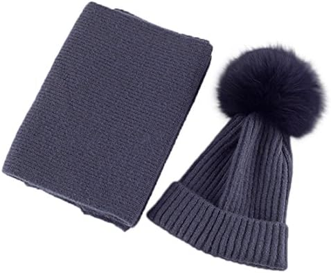 Warm Winter Wool Knit Hat and Scarf Set,Real Fox Fur Pom Pom Beanie Hats