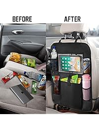 KNGUVTH Organizador de asiento trasero de automóvil, alfombrillas organizadoras para asiento trasero de auto con soporte transparente para tablets de 10 pulgadas + 5 bolsillos de almacenamiento, organizador de asiento trasero para juguetes, botellas, bebi