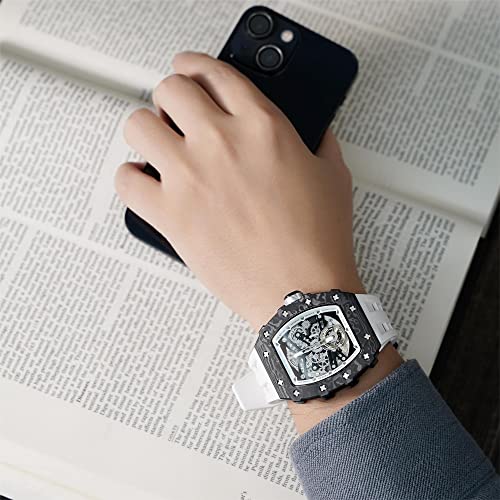 TSAR BOMBA Watch for Men, 50M Waterproof Automatic Mens Watch, Skeleton Mechanical Tonneau Big Face Dial Black Watch with Silicone Watch Bands, Gifts for Men