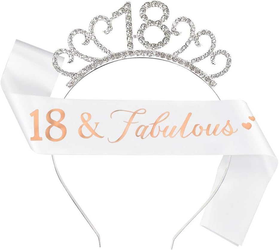 Suithink 18th Birthday Tiara and Sash - Glitter Satin Sash and Crystal Tiara Birthday Crown for Women's 18th Party (Silver)