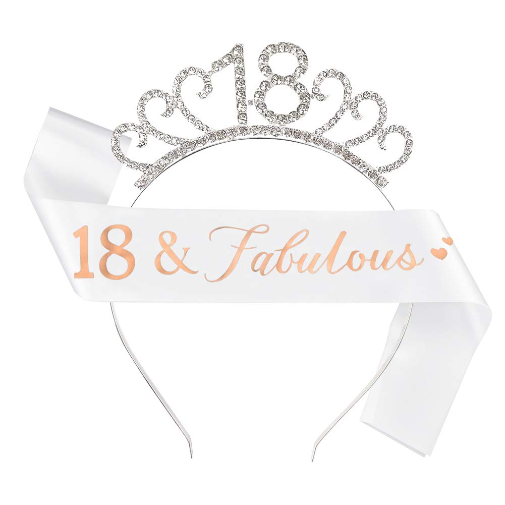 Suithink 18th Birthday Tiara and Sash - Glitter Satin Sash and Crystal Tiara Birthday Crown for Women's 18th Party (Silver)