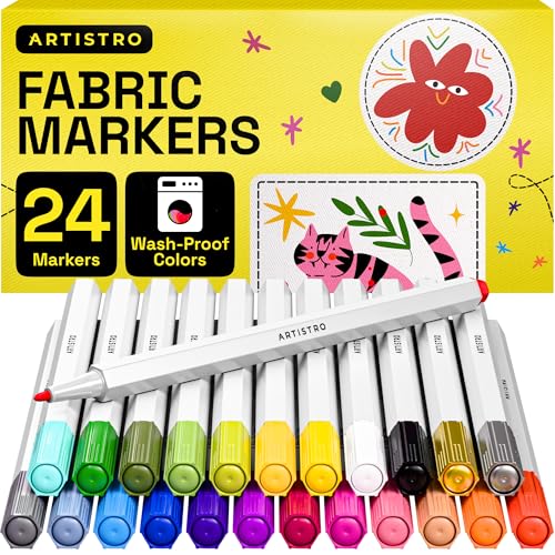 ARTISTRO 24 Fabric Markers - Fine Tip Fabric Markers Permanent for Clothes - No Bleed Pens for T-Shirts, Bags, Textile, Canvas, and more