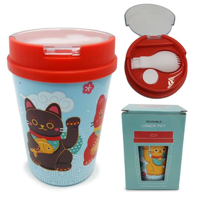 Puckator LPOT17 Maneki Neko Lucky Cat Reusable Lunch Pot/Snack Pot with Spork 500ml