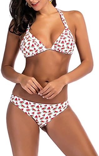 Zaoqee Women's Triangle Bikini Set Halter Neck 2 Pieces Pirnt Swimsuits Bathing Suit Watermelon M