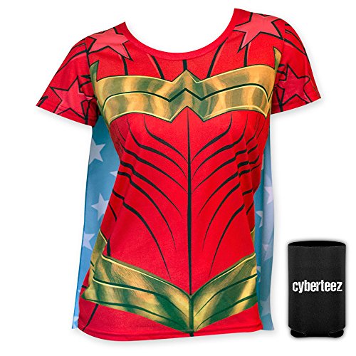 Wonder Woman Logo Costume w/ Blue Stars Cape Women's T-Shirt Sizes S-2XL + Coolie