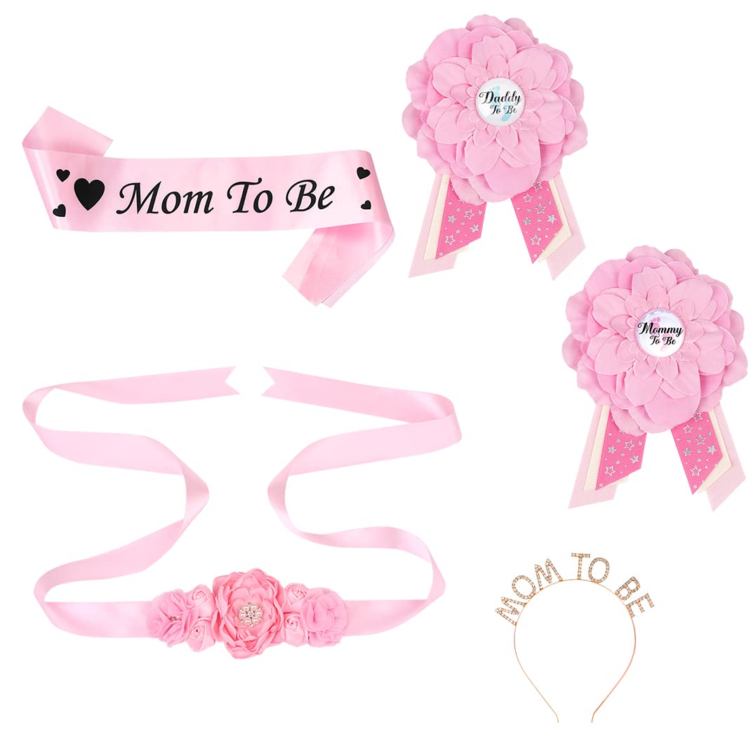DIYBravo 5 PCS Baby Shower Mommy Daddy to be Pin Maternity Sash Corsage Set Pink Pregnancy Keepsake Flower Belly Belt Gender Reveal Baby Shower Party Favors New Parents Gifts (Pink)