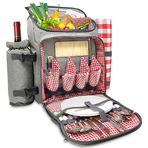 Upgraded Picnic Backpack 2020 Model (4 Person) - 100% Insulated - Temperature Controlled - Waterproof Blanket & Full Cutlery Set