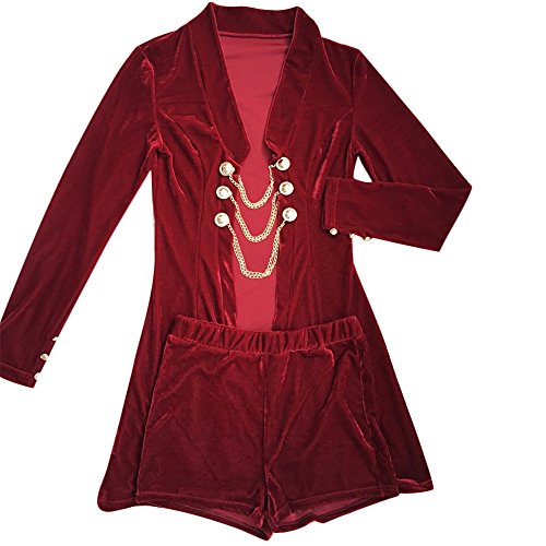 Kafiloe Womens Two Piece Outfits Suit Set Sexy Velvet Slim Fit Blazer Jacket and Shorts Burgundy L - Thumbnail 4