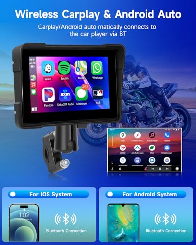 Rimoody Wireless Carplay Motorbike Ships Android Car, 7 Inch Touchscreen Portable Car Radio for Motorbikes, Wireless Carplay Display with Airplay/Android Cast/Dual Bluetooth/Navigation/IP67 Waterproof