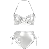 MakeMeChic Women's 2 Piece Gold Bikini Sets Metallic High Waisted Ruched Halter Tie Side Swim Bathing Suit