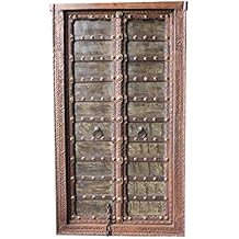 Mogul Interior Antique Indian Terrace Door Rustic Architecture Iron Straps Brass florets