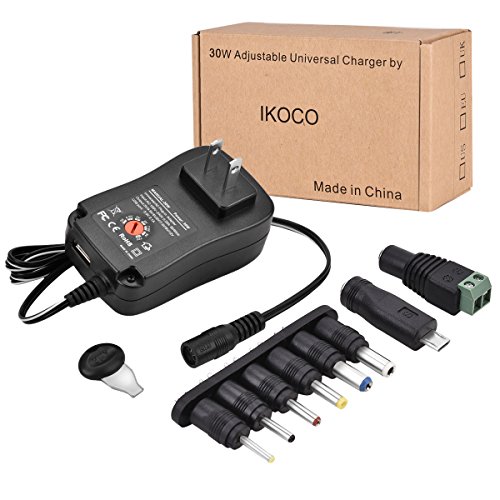 IKOCO 30W Universal Multi Voltage AC/DC Adapter Switching Power Supply with 8 Selectable Adapter Plugs for 3V to 12V Household Electronics Routers Speakers CCTV Cameras Smart Phone Charging Devices