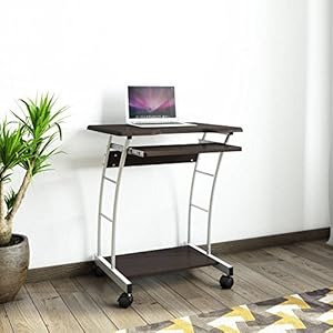 Nilkamal Leo Engineered Wood Computer Trolley | Table with Keyboard Tray and 1 Shelf (Finish: Black/Walnut)