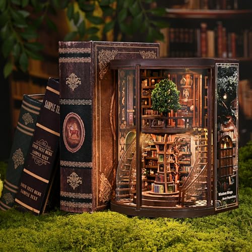 Kaayeewood Book Nook Kit, 3D Wooden Puzzles for Adults, DIY Miniature House Kit for Adults, Booknook with LED Light, Gifts for Family, Friends and Book Lovers, Bookshelf Decor(Wisdom Rings)
