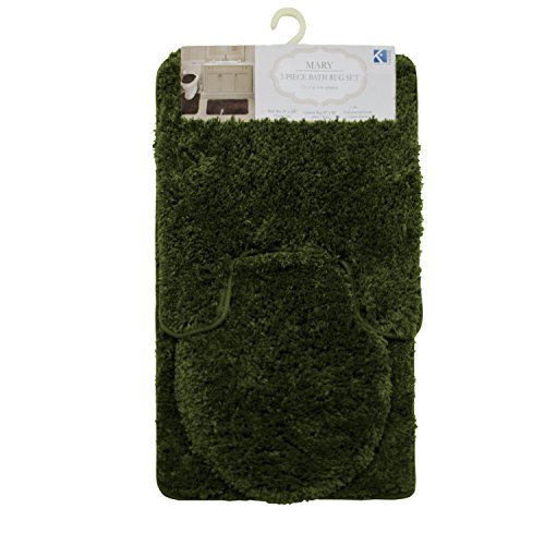 Mary 3 Piece Bathroom Rug Set, Luxury Soft Plush Shaggy Thick Fluffy Microfiber Bath Mat, Countour Rug, Toilet Seat Lid Cover, Non-Slip Rubber Back, Floor Mats Water Absorbent (Olive)