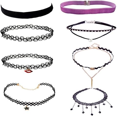 8 PCS Women's Classic Black Velvet and Black Stretch Gothic Tattoo and Black Lace Choker Necklace