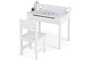 HONEY JOY Kids Table and Chair Set, Wooden Lift-Top Desk & Chair with Storage, Paper Roll Holder & Pen Slot, Activity Table Set for Craft Art, Children Furniture Set for Daycare, Playroom (White)