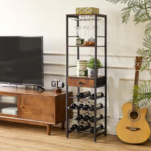 IBUYKE TMJ905H Wine Bottle Rack with Glass Door and Drawer, Brown | Countertop Bottle Storage with Shelf for Kitchen Bar Dining Room 16 Bottles