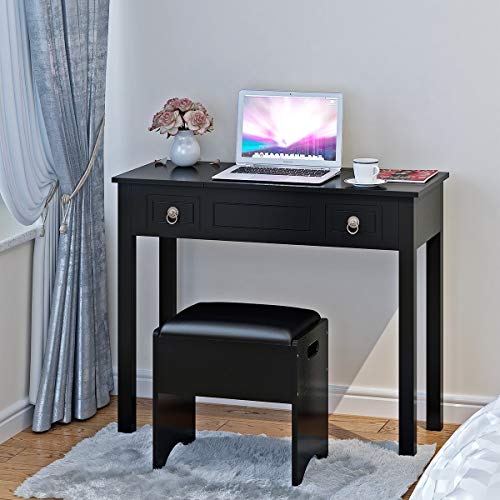 Vanity Set with Flip Top Mirror and Cushioned Storage Stool Bench Makeup Dressing Table Study Writing Desk with 2 Drawers Stool 3 Removable Organizers in Black