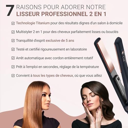 Golden Curl Professional Hair Straightener – 5 Years of Tranquility – 2 in 1 Hair Straightener and Curler – Hair Straightener for Straightening and Curling (Rose Gold)