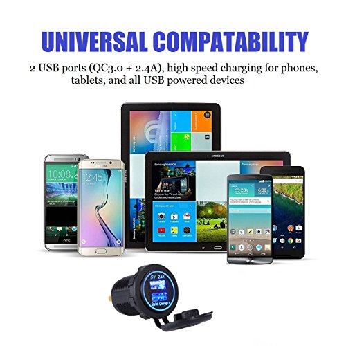YonHan Quick Charge 3.0 Dual USB Fast Charger Socket, Waterproof Power Outlet QC 3.0 & 2.4A with LED Indicator & Wire Fuse DIY Kit for 12/24V Marine Boat Motorcycle ATV Bus Truck Golf Cart and More - Thumbnail 4
