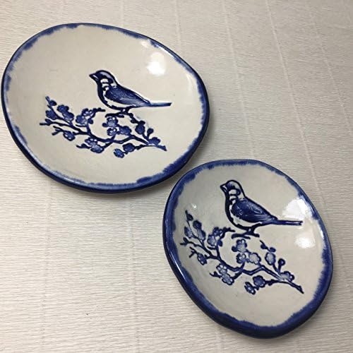 JANECKA Blue Bird Bowls (Set of 2) Handmade Pottery / 5.5" and 4.5"