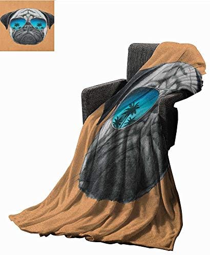 WilliamsDecor Bed or Couch 70" x 60"Pug Printing Blanket Dog with Reflecting Aviators Palm Trees Tropical Environment Cool Pet Animal Plush Throw Blanket Black Orange Blue