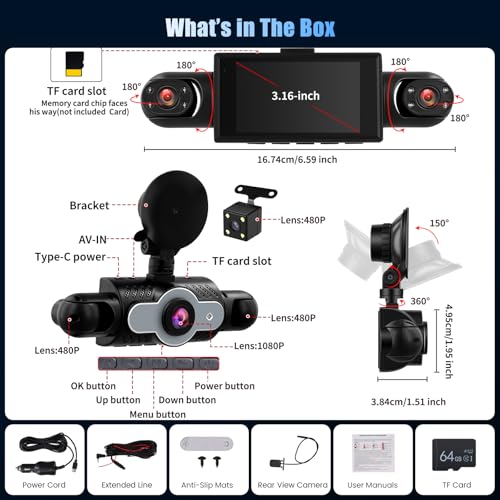 Inefala 360°Car Dashcam 4 Channels, Dash CAM 1080P Front and Rear Left Right with 64GB SD Card, G-Sensor Car Camera Loop Recording Night Vision