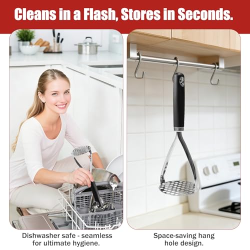 Potato Mashers, Potato Masher Food Grade Stainless Steel, Heavy Duty Potato Ricer Masher with Soft Grip Handle, Kitchen Food Masher for Mashed Potato, Tomato Puree, Jam, Vegetable & Fruits