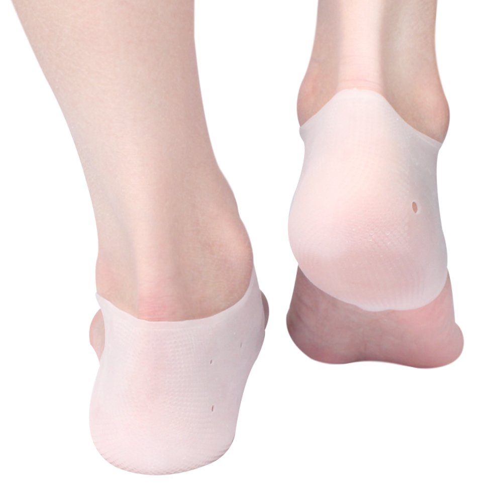 Silicone Cracked Heel Protectors Sleeve - Moisturizing Gel Feet Heel Spur Pads Socks for Relief Heel Pain & Plantar Fasciitis - 1 Pair (1.5mm, White)
