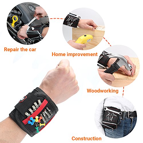 DIFFLIFE Magnetic Wristband, with 10 Strong Magnets for Holding Screws, Nails, Drilling Bits, Adjustable Wristband Tools with 2 Storage Pockets for Non-magnetic Perfect Gift for Men (Set of 1) - Thumbnail 5