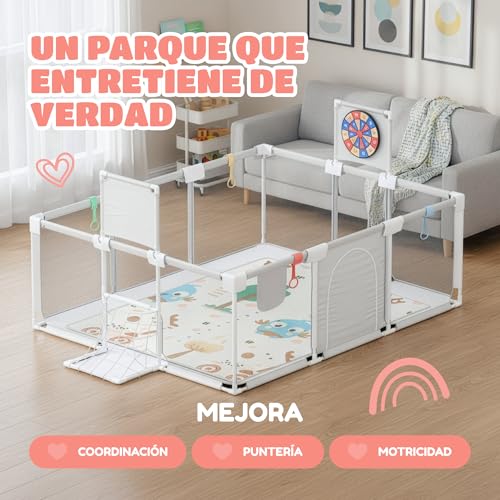 Baby Playpen 120x180 cm - Padded Baby Playpen - Equipped with musical mat, Velcro dartboard, basket, goal and more accessories - Safe Baby Playpen - See video for assembly