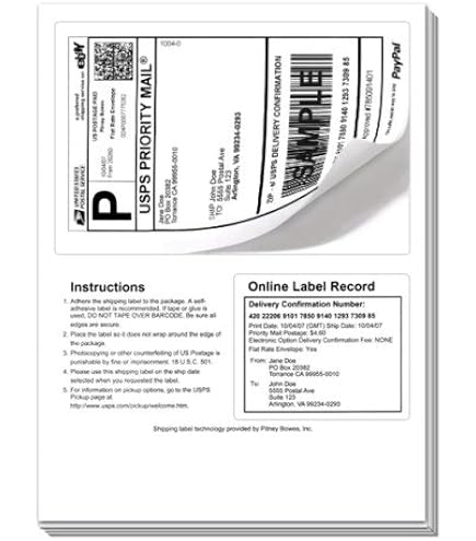 250 USPS Click-N-Ship Compatible Shipping Labels With Tear-Off Receipt - Laser/Inkjet
