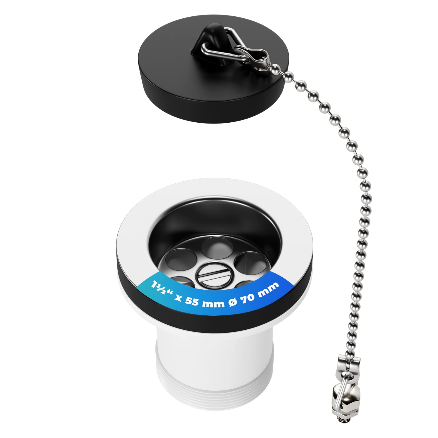 AQUADE 425-AQ Drain Fitting 70 mm 1½ Inch x 55 mm Universal Drain Valve with Plug and Chain 190 mm with KH M6 x 10 mm/Made of Colourless PA6 Plastic for Sink/Sink Black/Silver Diameter