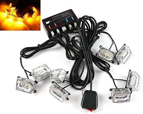 HEHEMM 8Pcs 24 Led 12V Car Strobe Light Vehicle Emergency Hazard Light Grill Warning Light Caution Lamp Flashing Light Set High Power String Light for Cars Vans Trucks Lorries (Amber)