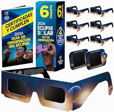 6 óculos ISO 12312-2 aprovados para eclipse solar - Pack of 6 com 2 lentes fotográficas para smartphone aprovados segundo a norma ISO, com certificação CE: Óculos para ver eclipses solares 2026