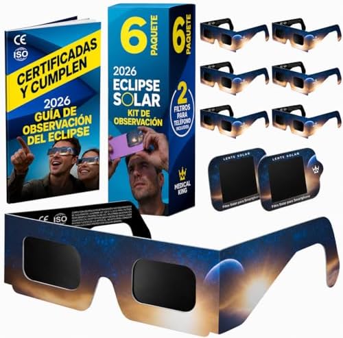 6 Gafas Eclipse Solar Homologadas ISO 12312-2 - Paquete de 6 Con 2 Lentes Fotográficos Para Smartphone Aprobados según la norma ISO, con certificación CE: Gafas para ver eclipses solar 2026