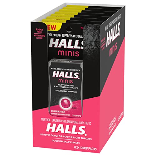 HALLS MINIS WATERMELON FLAVOR SUGAR FREE COUGH DROPS, 8 PACKS OF 24 DROPS (192 DROPS TOTAL)