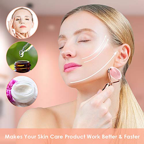 Jade Roller Facial Massager Set, OYRGCIK Vibrating Face Roller & Massager Under Eye Press for Face, Eyes and Neck, Natural Rose Quartz Beauty Facial Skin Care Tools Kit w/Bag Reduce Wrinkles Aging - Thumbnail 4