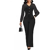 2 Piece Pant Suits for Women Dressy Business Casual Outfits Mesh Long Sleeve Blazer Wide Leg Pants Sets Office Work