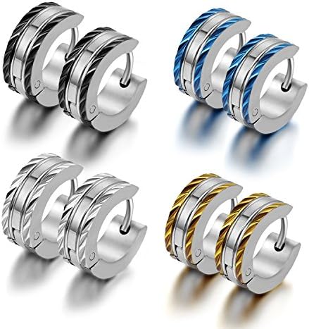 CupimatchMens Stainless Steel Two Tone Huggie Hoop Earring Gift Set of 4 Pairs