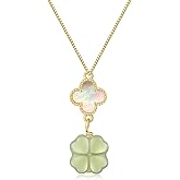 LOOYUUPEE Green Natural Jade Necklace, Four Leaf Clover Pendant for Women, Jade Jewelry for Women Lucky Gifts for Girls (925 Sterling Silver with Gold Plated)