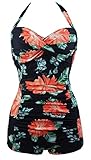 Cocoship Floral Black Elegant Retro Boy-Leg One Piece Vintage Ruched Swimwear Swimsuit 14(FBA)