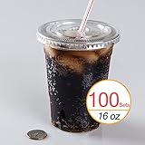 16 oz Plastic Clear Drink PET Cups with Flat Lids, 100 Sets ()