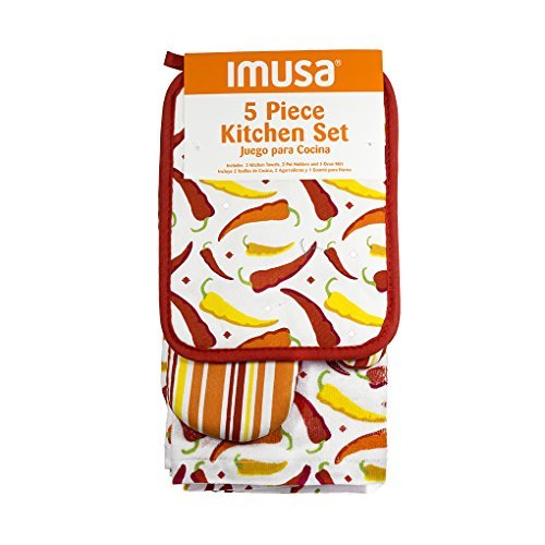 IMUSA 5 Piece Kitchen Towels Set Oven Mitt and Pot Holders Red Chili Peppers