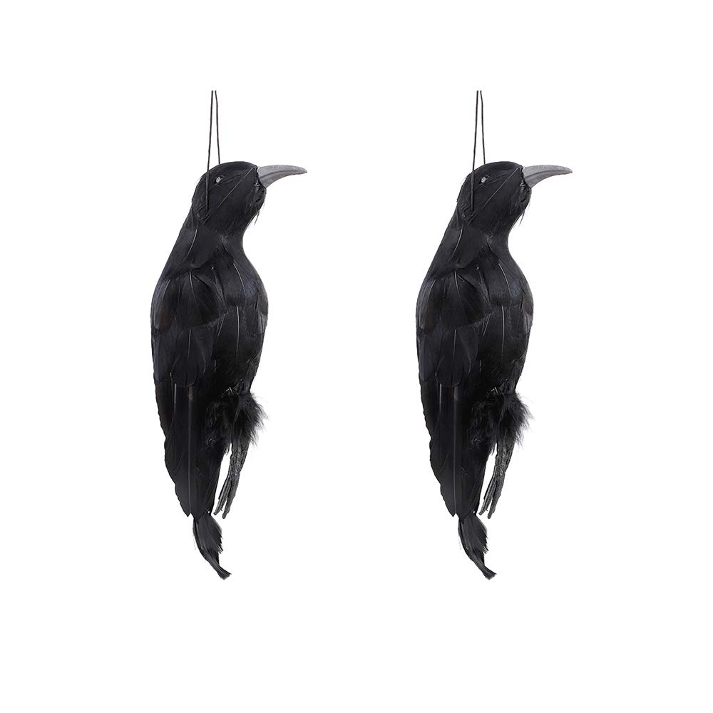 WERTSWF 2Pack Dead Crow Halloween Prop, Scary Hanging Crows Decoy Black Feathered Raven for Garden Haunted House Grave