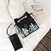 LABANCA Cactus Embroidery Shoulder Bag with Drawstring Chain Mini Bucket Bag PU Leather Crossbody Bag Black for Women Girls